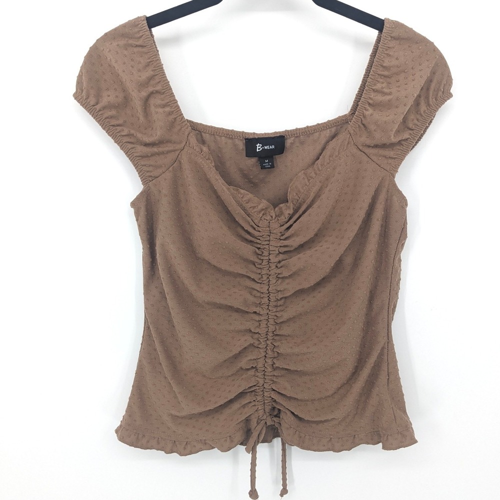 Y2K Top Womens Medium Brown Swiss Dot Ruched Square Neck‎ 90s Retro Forest Fairy